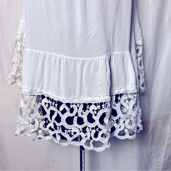 Sandra Fellini | White Boho Gauzy Guipure Lace Sequin Tunic Blouse, Large - Picture 7 of 10
